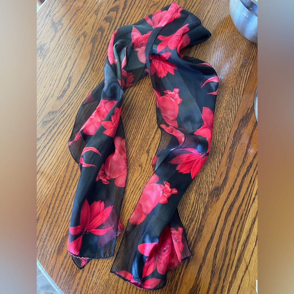 Vintage Black & Red Floral “Silk Feel” Sheer Scarf